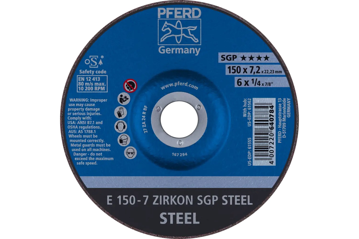 Picture of Pferd Grinding Wheel, 6" X 1/4 X 7/8, Sgp Zirkon Steel, T27, Ao, Sic
